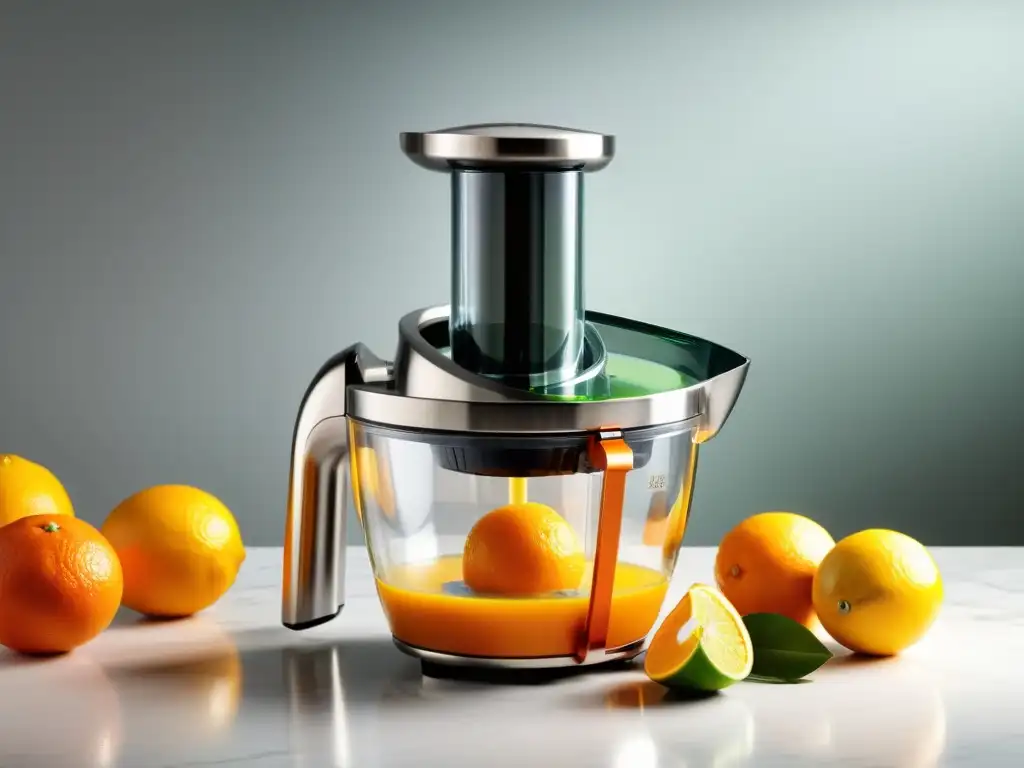 Un exprimidor de cítricos moderno y elegante, con jugo de naranja fresco fluyendo