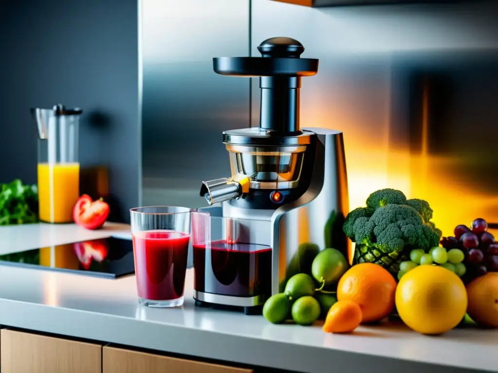 Un exprimidor lento de alta gama en una cocina moderna, destacando los beneficios de la vida saludable y el diseño elegante