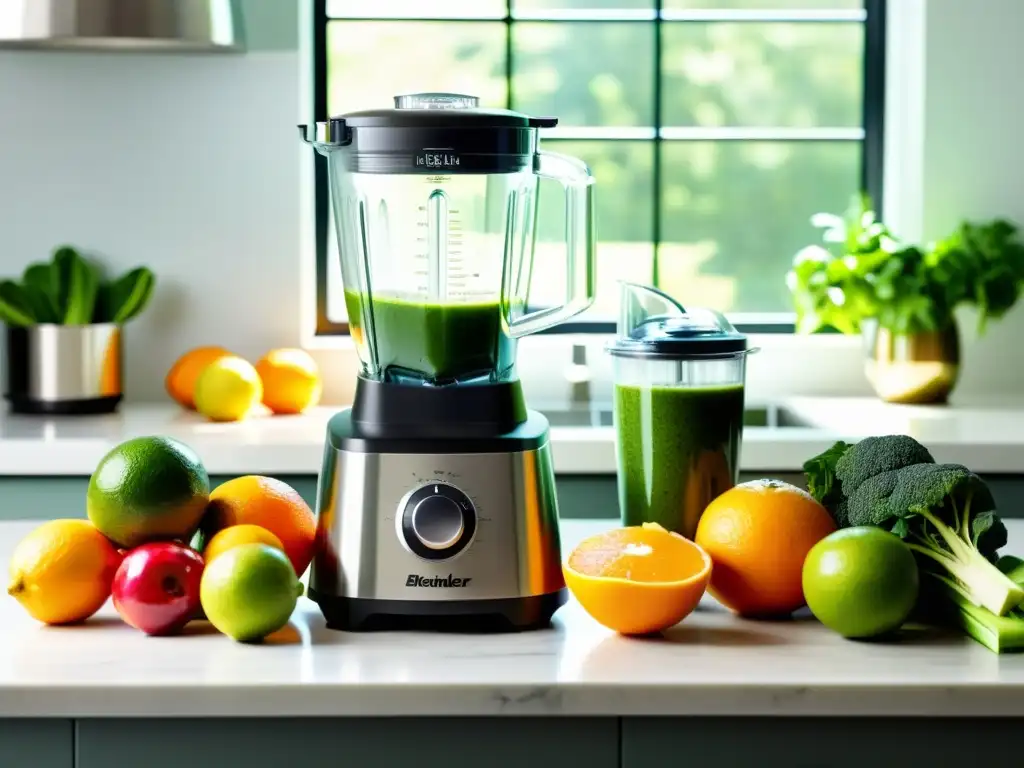 Exprimidor licuadora alta potencia en un moderno ambiente de cocina, con frutas y verduras frescas, creando una atmósfera vibrante y saludable