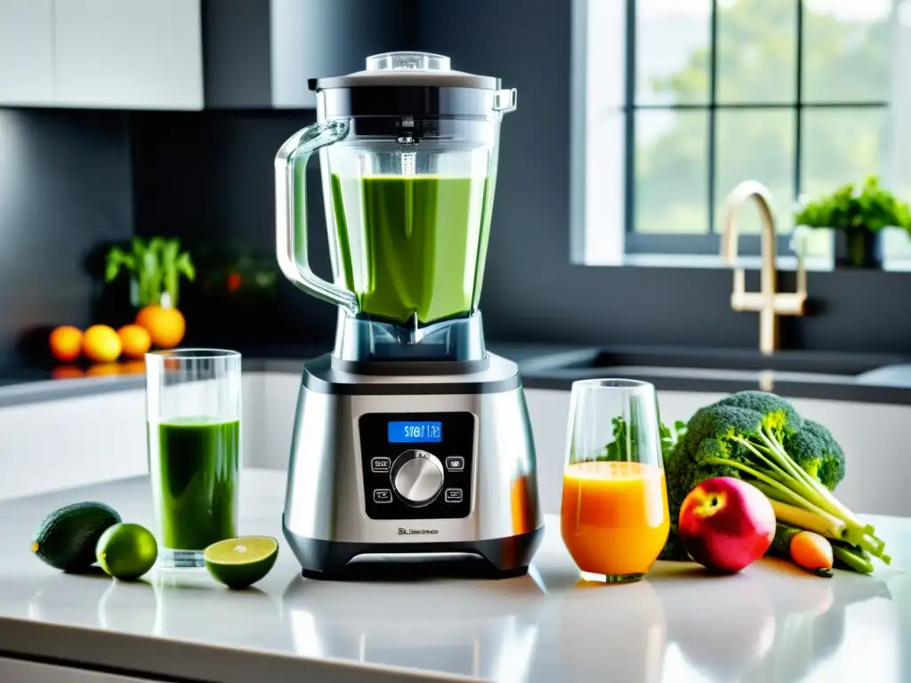 Un exprimidor licuadora de alta potencia en una cocina moderna, rodeado de frutas y verduras frescas, bañado por una suave luz natural