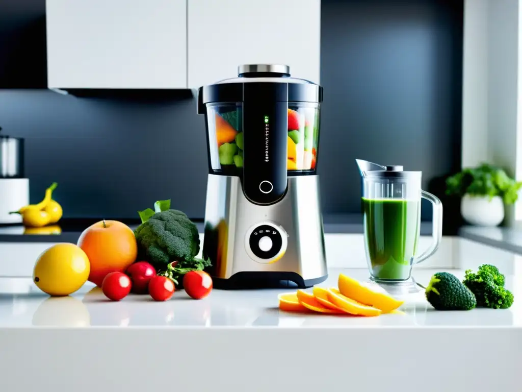 Exprimidores y licuadoras de alta tecnología en una cocina moderna con frutas frescas y verduras, creando una atmósfera de innovación y frescura