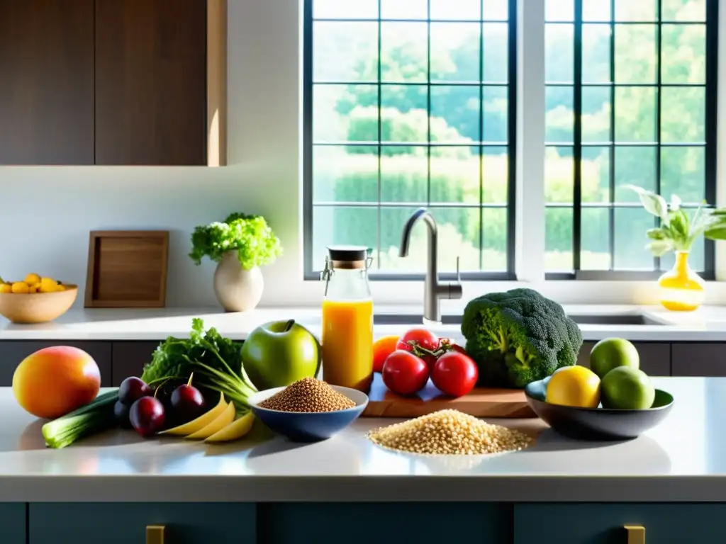 Una exquisita combinación de frutas, verduras, granos enteros y proteínas magras en una cocina moderna, iluminada por la luz natural