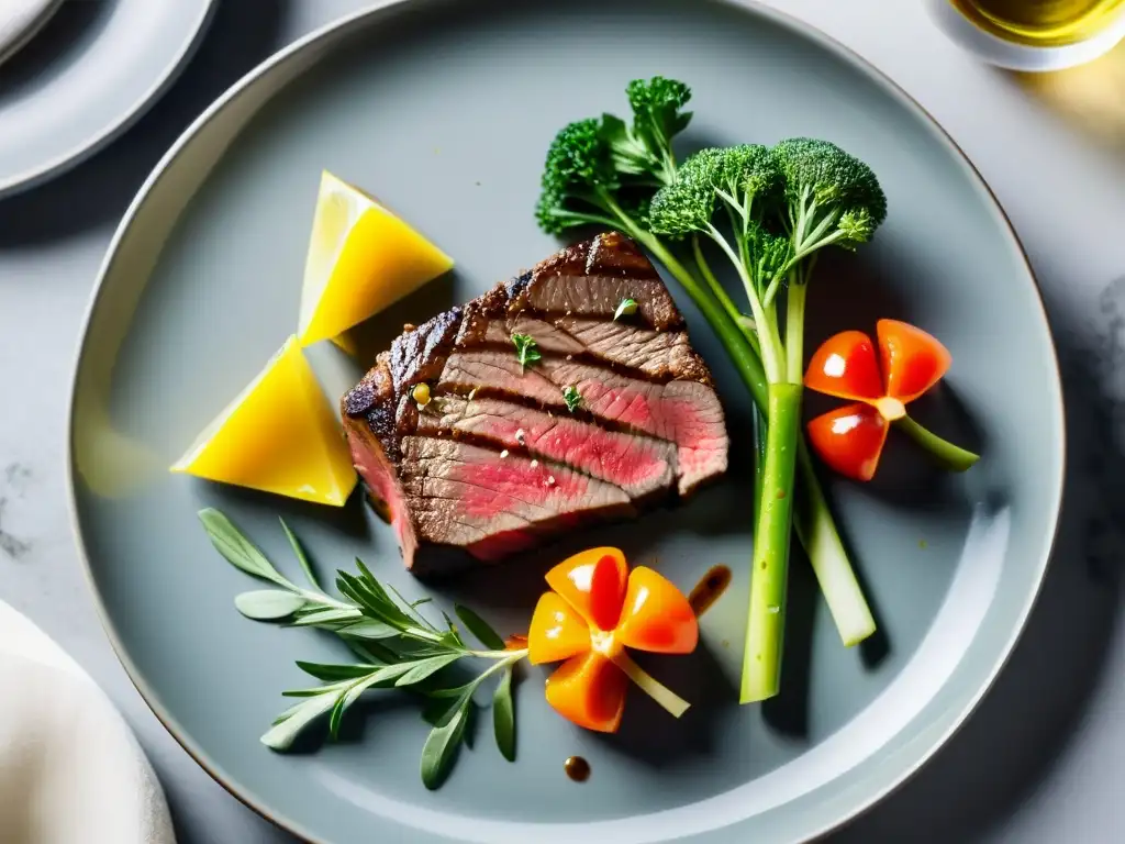 Exquisita presentación de un suculento filete cocido al vacío en casa, con coloridas verduras y un toque de sofisticación culinaria