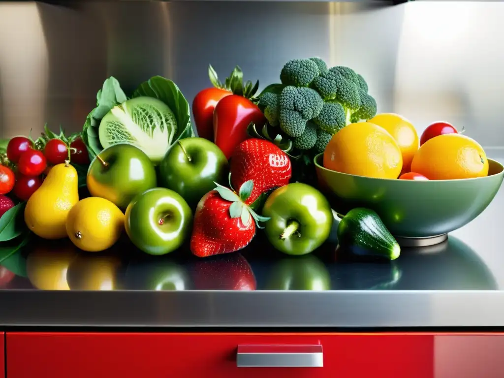 Una exquisita variedad de frutas y verduras frescas, dispuestas en una encimera de cocina moderna, reflejando frescura y vitalidad