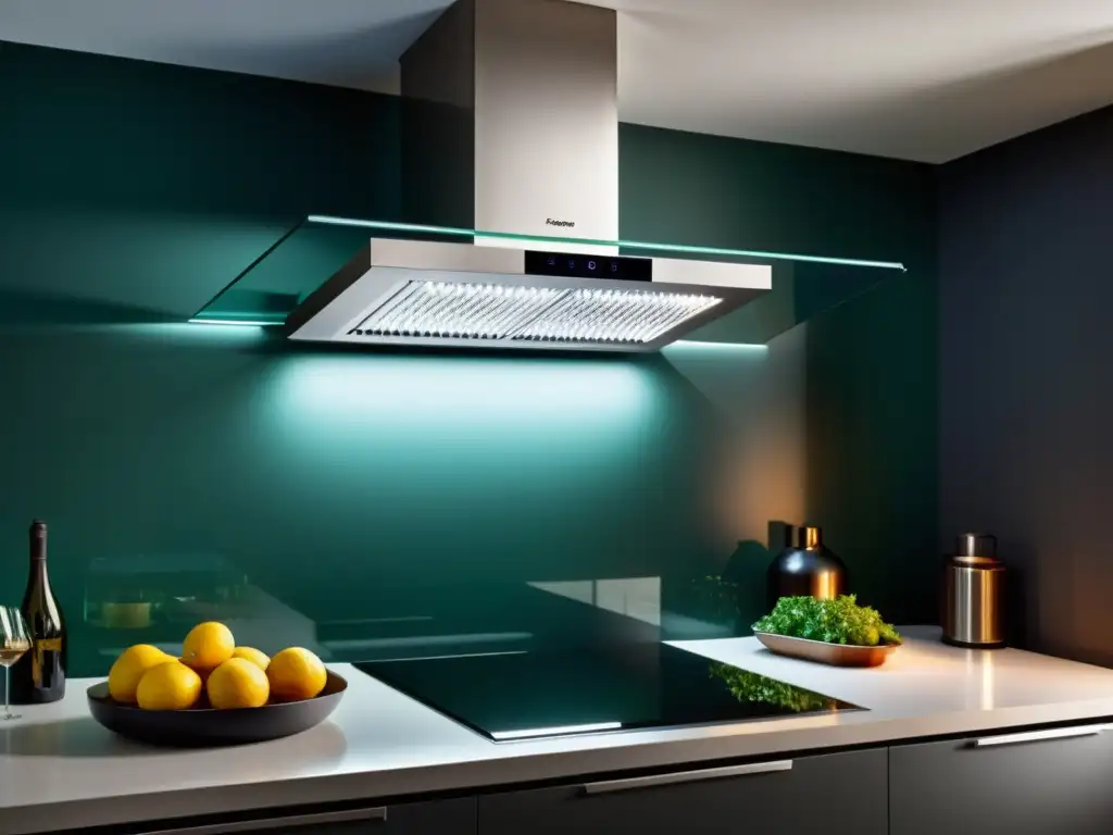 Extractor de humo de tecnología avanzada en cocina moderna, emitiendo luz cálida