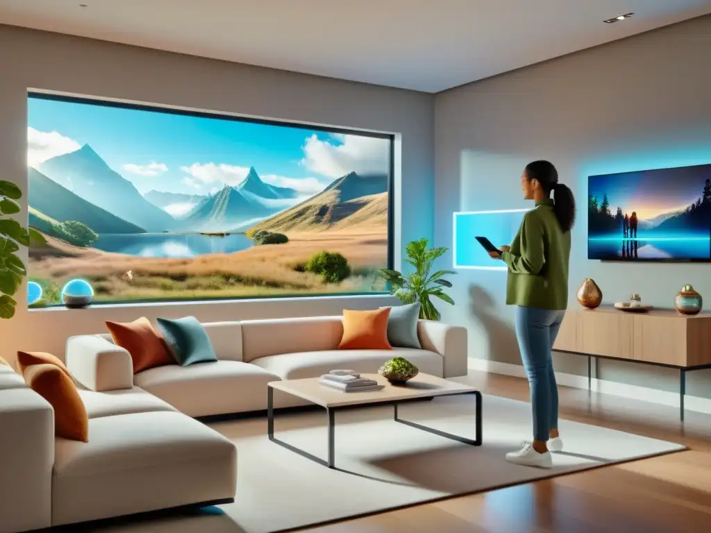 Una familia disfruta de aplicaciones de realidad aumentada hogar, decorando su sala con hologramas interactivos, en un ambiente luminoso y futurista