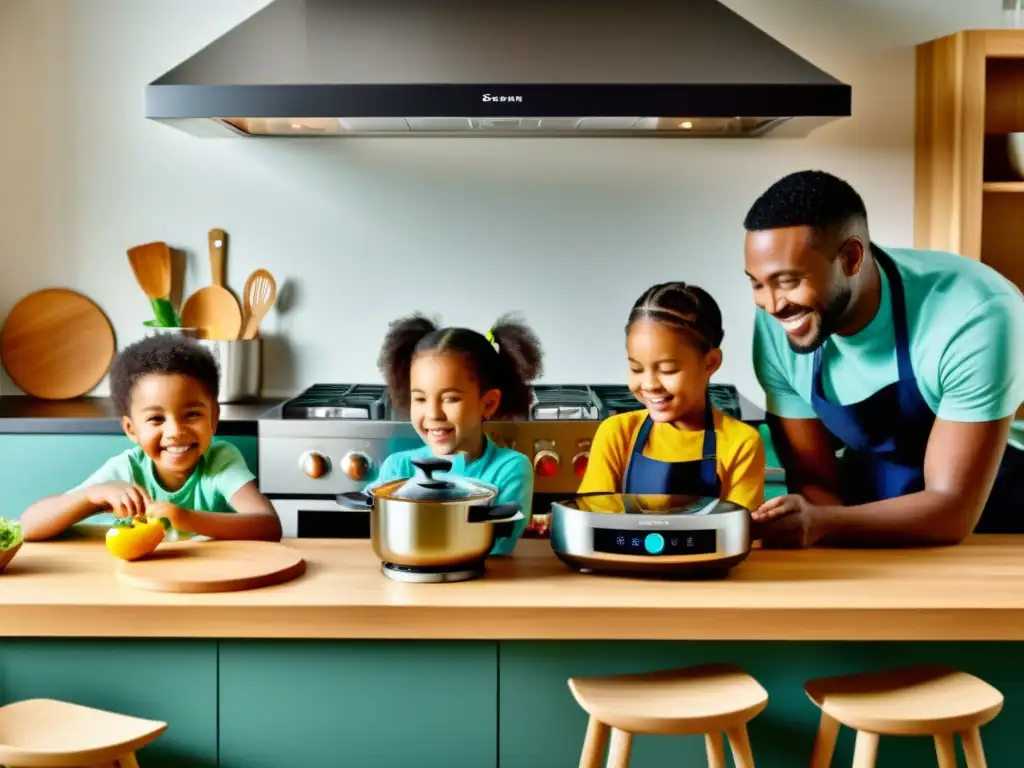 Una familia diversa sonríe y cocina con electrodomésticos inteligentes, mostrando consejos de convivencia con niños en un ambiente cálido y seguro