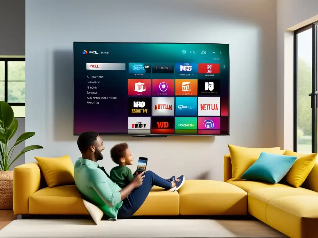 Una familia disfruta de una experiencia hogareña moderna e interactiva con software Smart TVs en una sala luminosa y acogedora