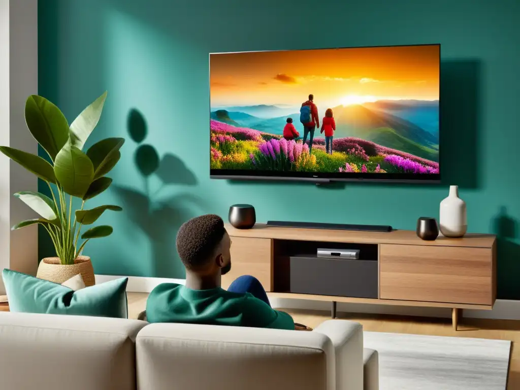Experiencia familiar en sala con TV 8K La familia disfruta de la experiencia inmersiva en su sala con una TV Smart, mostrando los beneficios de comprar una TV Smart