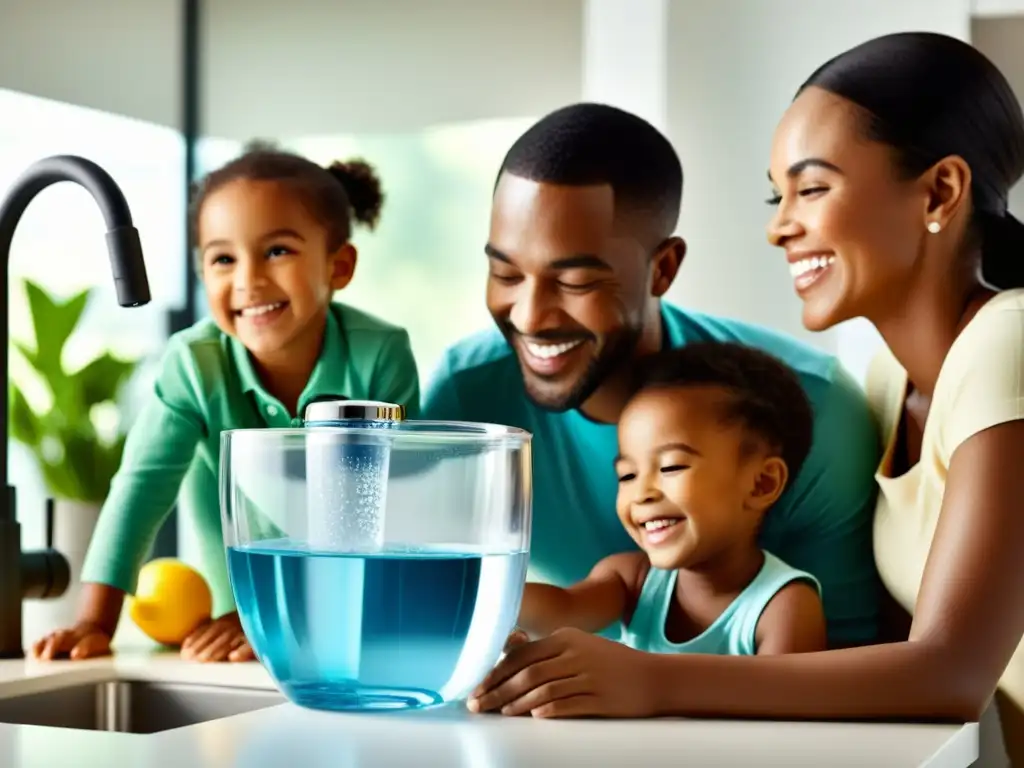 Una familia feliz se reúne alrededor de un purificador de agua en la cocina, disfrutando de los beneficios purificadores del agua en el hogar