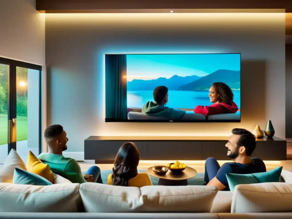 Una familia sonriente disfruta de una película en una sala moderna con un televisor de alta definición