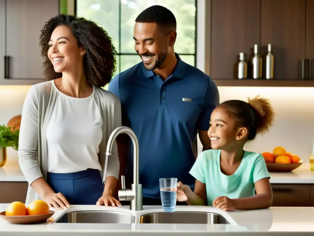 Una familia sonriente llena sus vasos con agua purificada de un elegante purificador de agua en la cocina