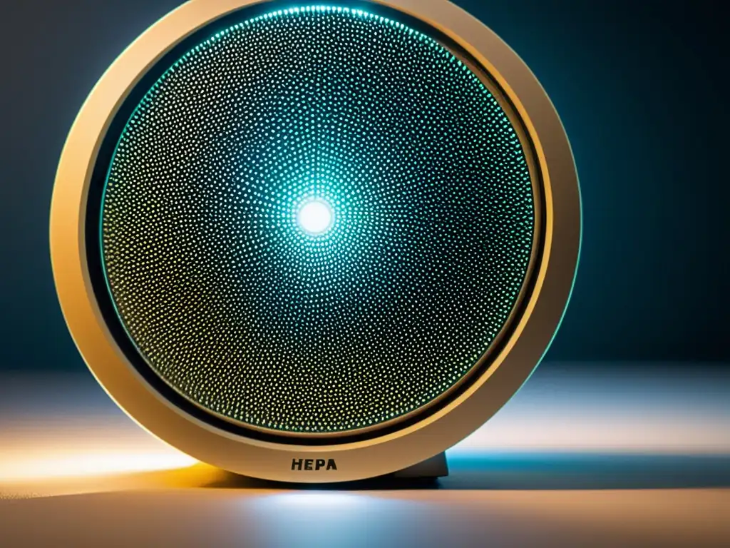 Filtro HEPA capturando partículas de polvo, tecnología avanzada Un filtro HEPA capturando partículas minúsculas, con la luz iluminando la intrincada red de fibras