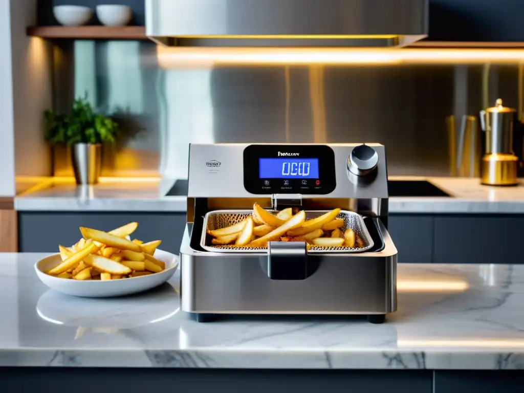 Una freidora sin aceite con papas fritas doradas en una elegante cocina de diseño