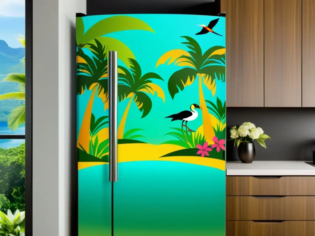 Un frigorífico de acero inoxidable con vinilos personalizados muestra un exuberante paisaje tropical, convirtiéndose en una obra de arte única