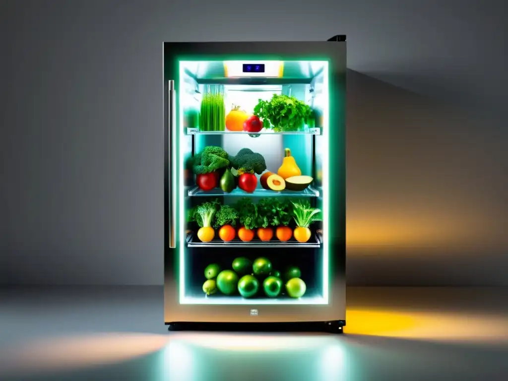 Un frigorífico que cultiva alimentos, con hierbas, frutas y verduras vibrantes en estantes ajustables, iluminado por cálidas luces LED