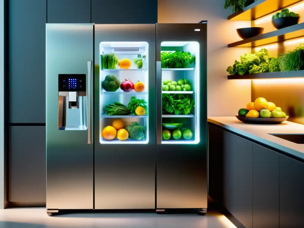 Un frigorífico que cultiva alimentos integrado en una cocina moderna, con puertas transparentes que revelan productos frescos y vibrantes