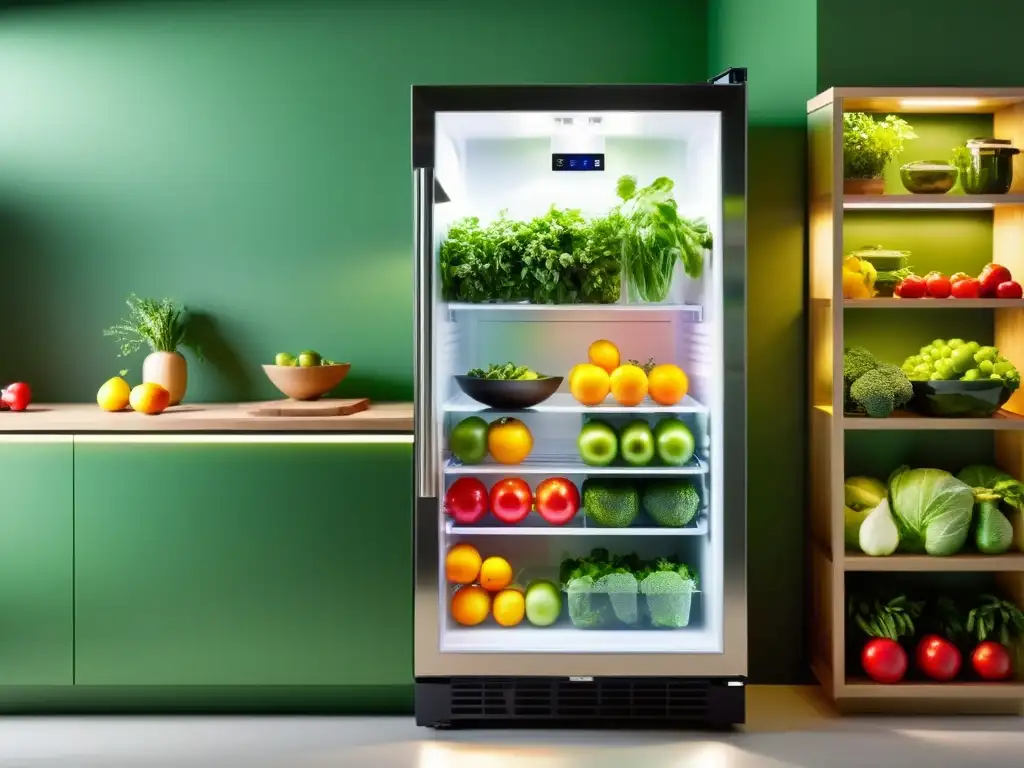 Un frigorífico que cultiva alimentos: moderno, eco-amigable, con un jardín vertical integrado y productos frescos iluminados en su interior