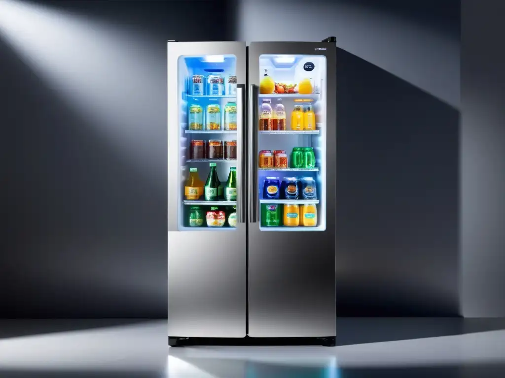 Un frigorífico Americano Haier moderno y elegante con bebidas coloridas en sus estantes de vidrio iluminados por LED