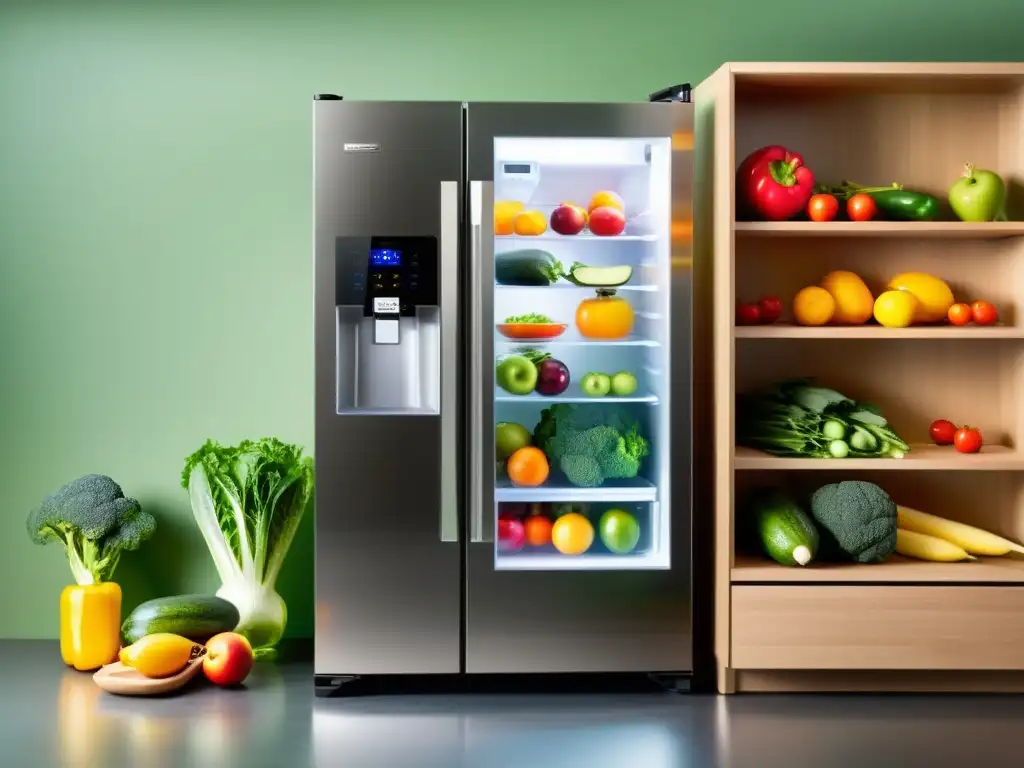 Un frigorífico ecológico moderno exhibe una colorida variedad de frutas y verduras frescas en un interior iluminado por LED, en una cocina minimalista