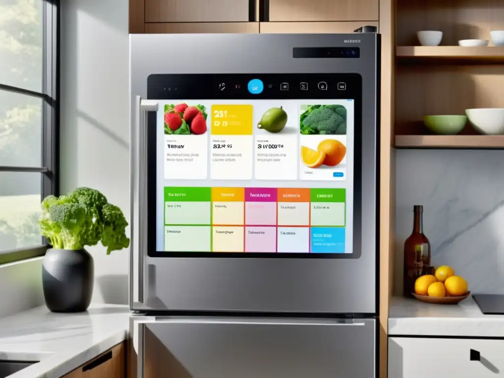 Un frigorífico inteligente Samsung Family Hub en una cocina moderna y espaciosa, con pantalla digital mostrando beneficios del frigorífico inteligente Samsung y alimentos organizados en estantes de vidrio