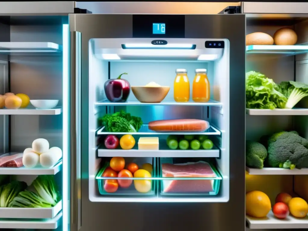 Un frigorífico moderno con IA muestra alimentos frescos en estantes ordenados