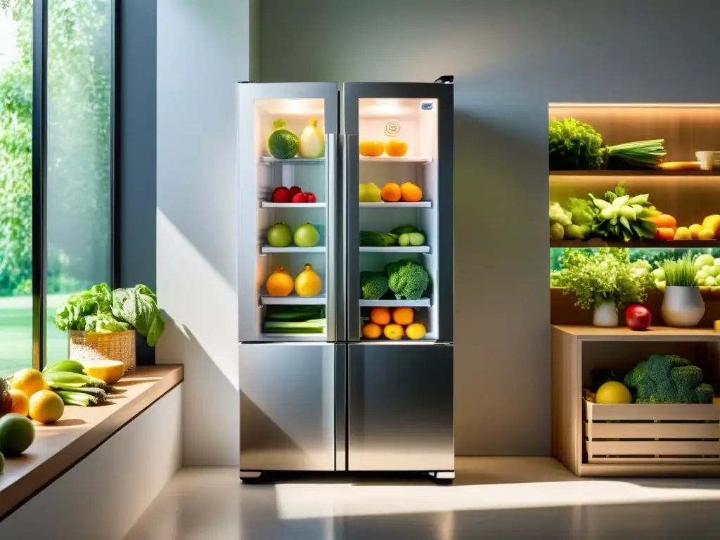 Un frigorífico moderno y elegante con alimentos frescos y organizados, iluminado por LED y rodeado de naturaleza