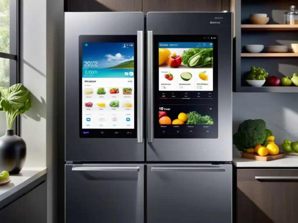 Un frigorífico Samsung Family Hub moderno y elegante en una cocina espaciosa y soleada