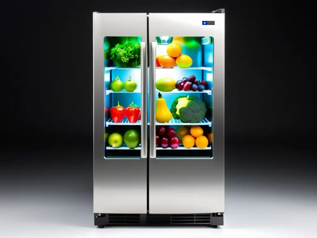 Un frigorífico moderno y elegante con una puerta de cristal transparente, exhibiendo frutas y verduras coloridas y organizadas