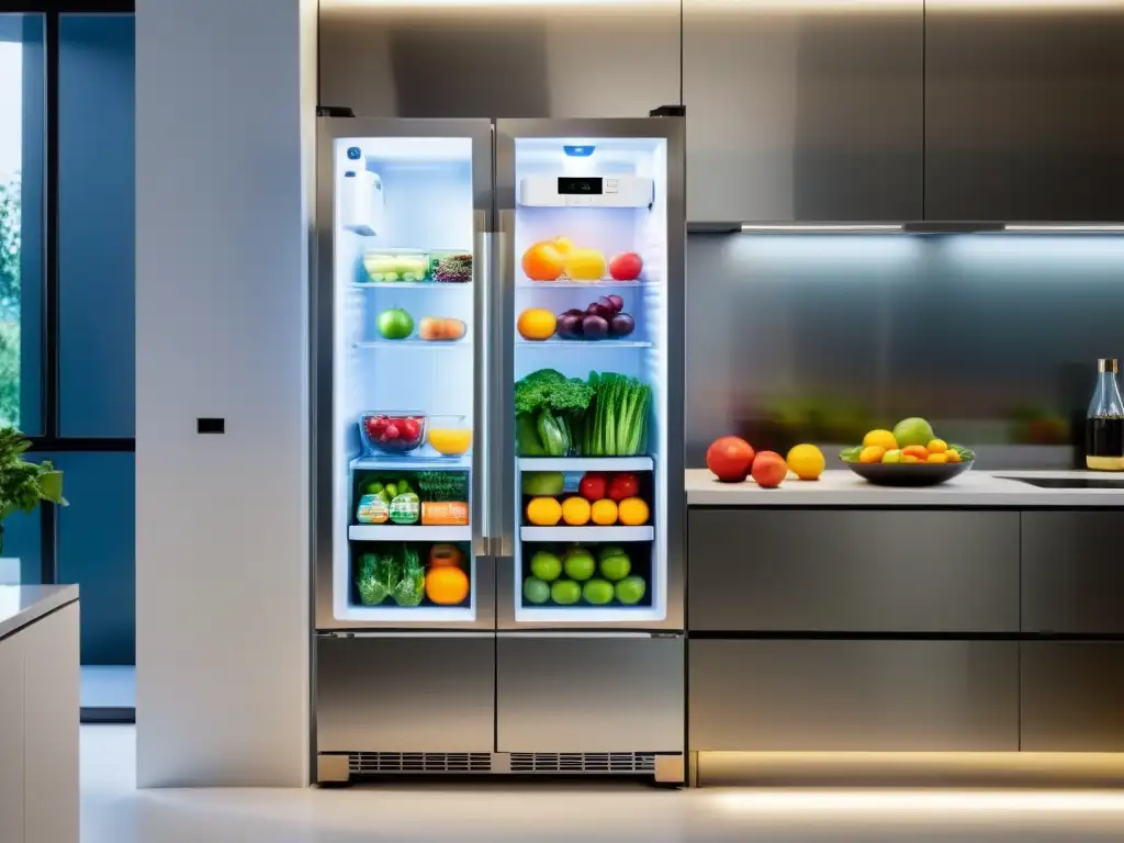 Un frigorífico moderno con puerta de vidrio transparente, lleno de alimentos coloridos