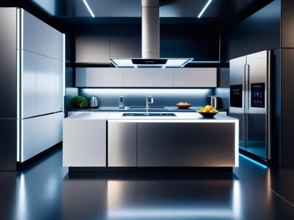 Funcionamiento de electrodomésticos autónomos en cocina de alta tecnología con iluminación futurista y diseño minimalista