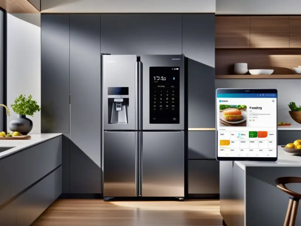 Funciones del frigorífico Samsung Family Hub en cocina moderna de alta tecnología con diseño minimalista y electrodomésticos inteligentes