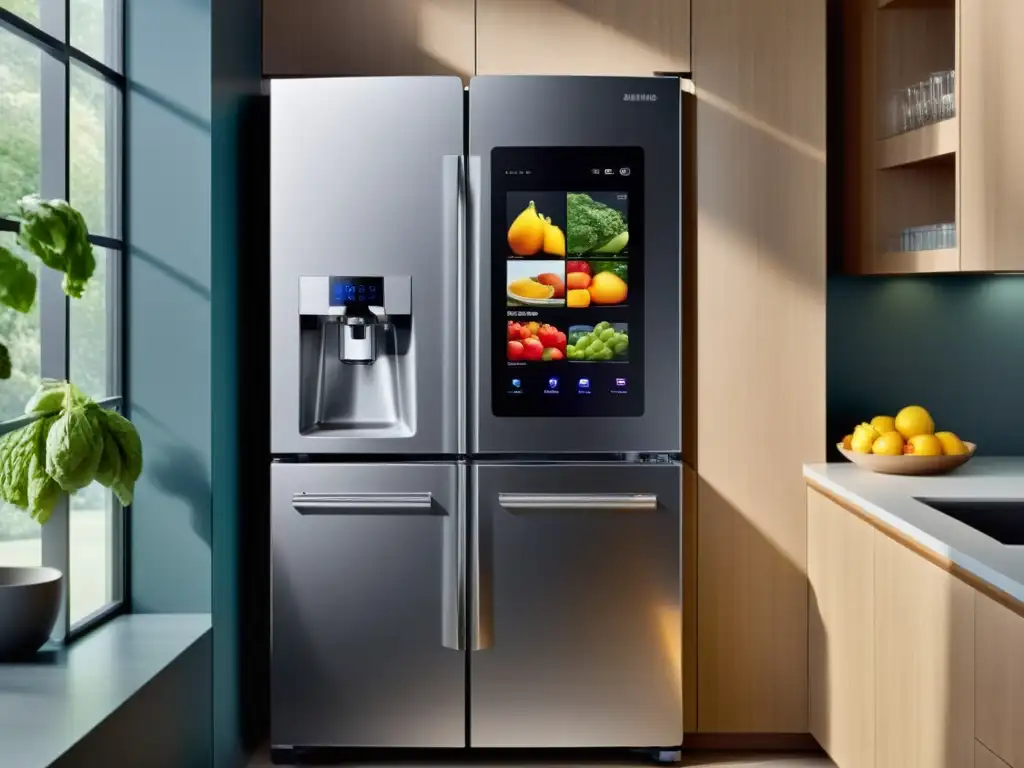 Funciones del moderno frigorífico Samsung Family Hub en una cocina elegante y minimalista, reflejando sofisticación y tecnología de vanguardia