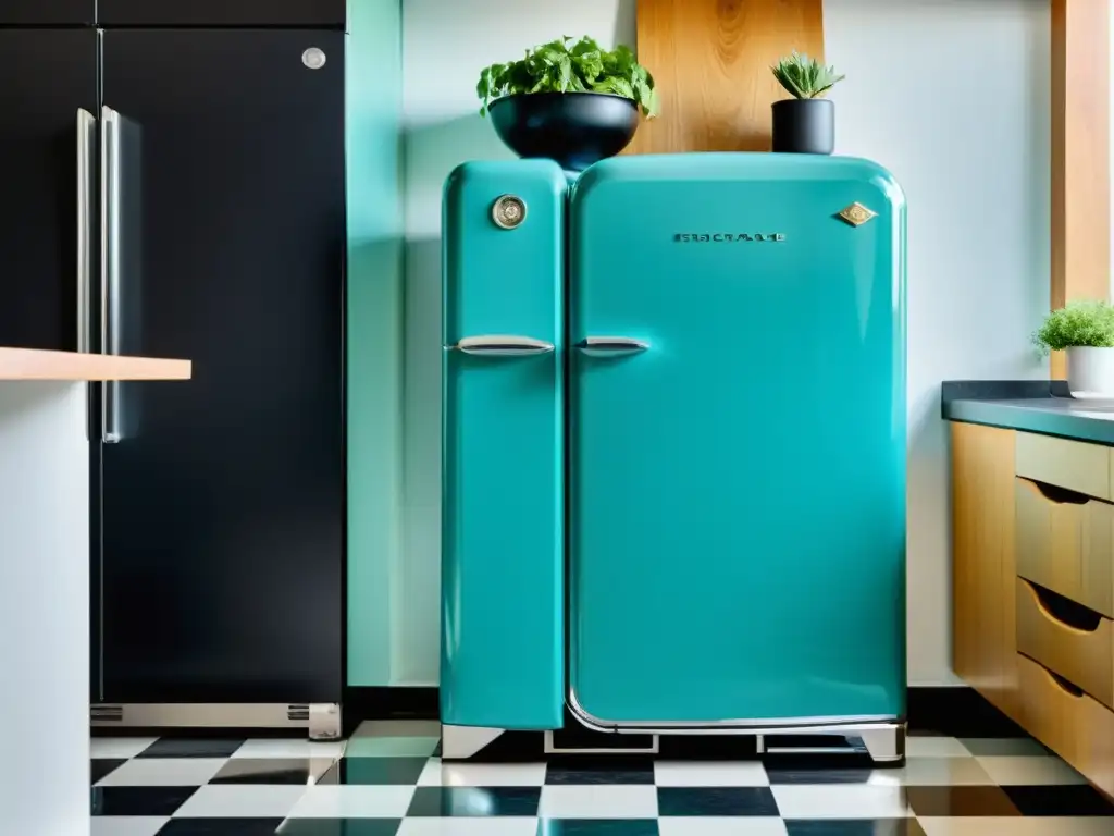 Un gabinete de cocina único, reutilizando un refrigerador vintage turquesa