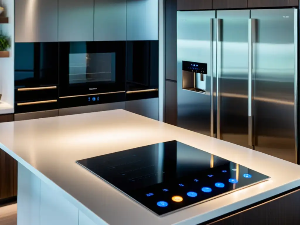 Gadgets de cocina de alta gama innovadores en un ambiente moderno y sofisticado de acero inoxidable con iluminación cálida