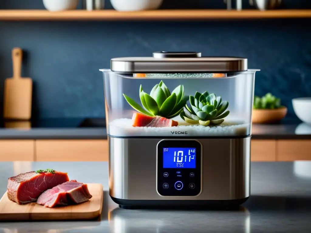 Gadgets de cocina de alta gama innovadores: máquina de sous vide moderna en una cocina profesional, con carne sumergida a temperatura precisa