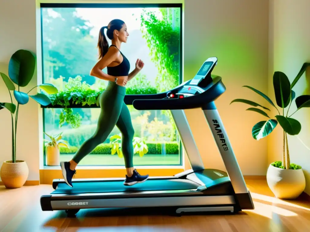 Un gimnasio en casa iluminado por el sol, con una moderna cinta de correr inteligente rodeada de plantas verdes