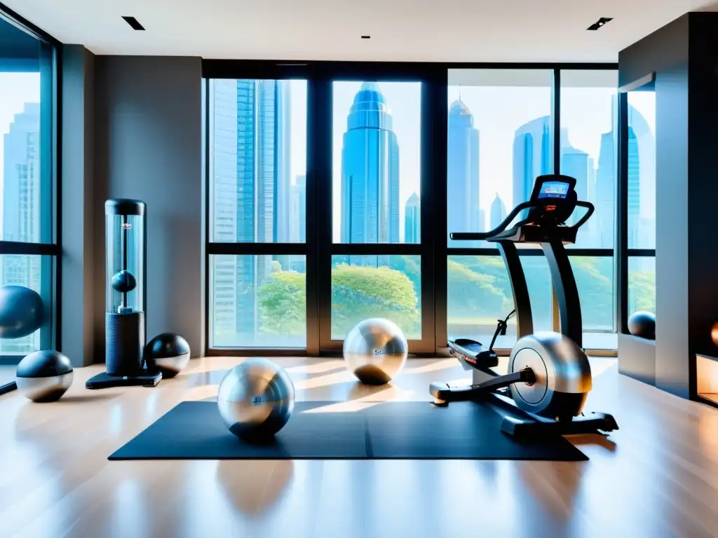 Un gimnasio en casa moderno y elegante con equipo de ejercicio inteligente, creando un ambiente tranquilo