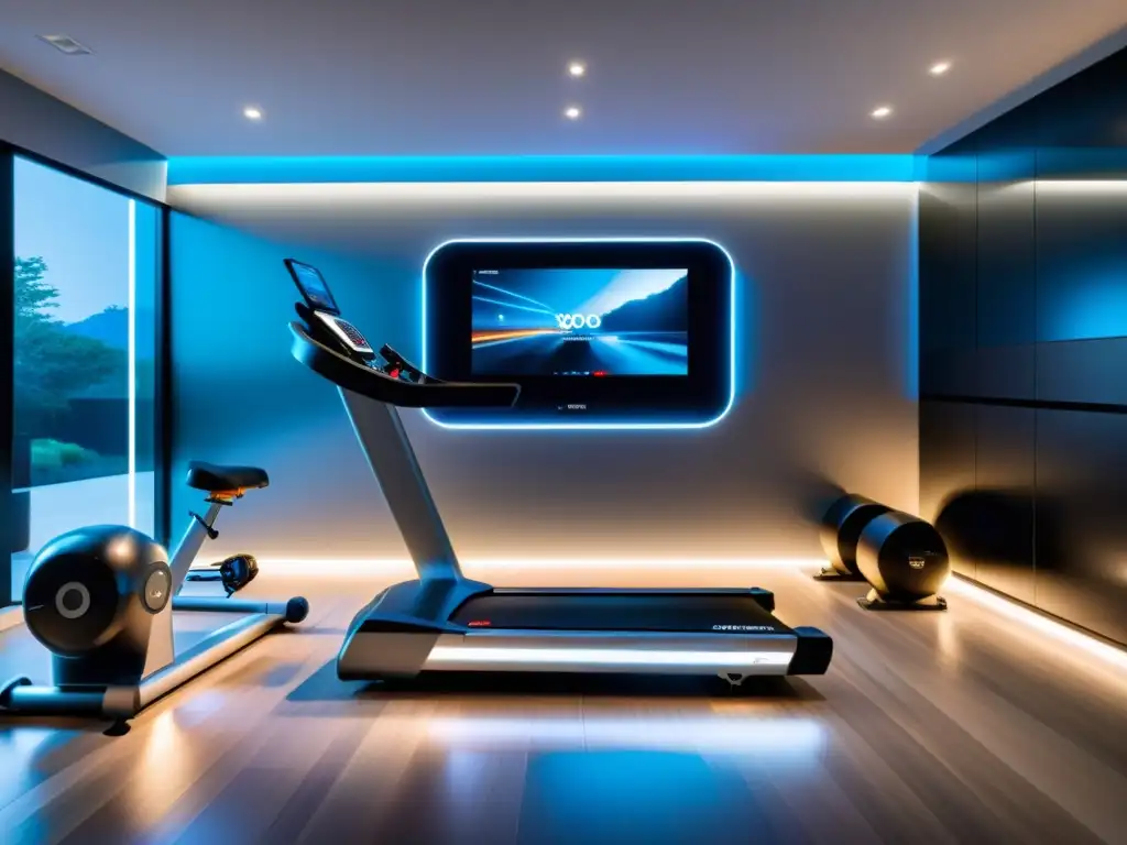 Un gimnasio en casa moderno y elegante, con equipamiento inteligente de última generación integrado en un espacio contemporáneo