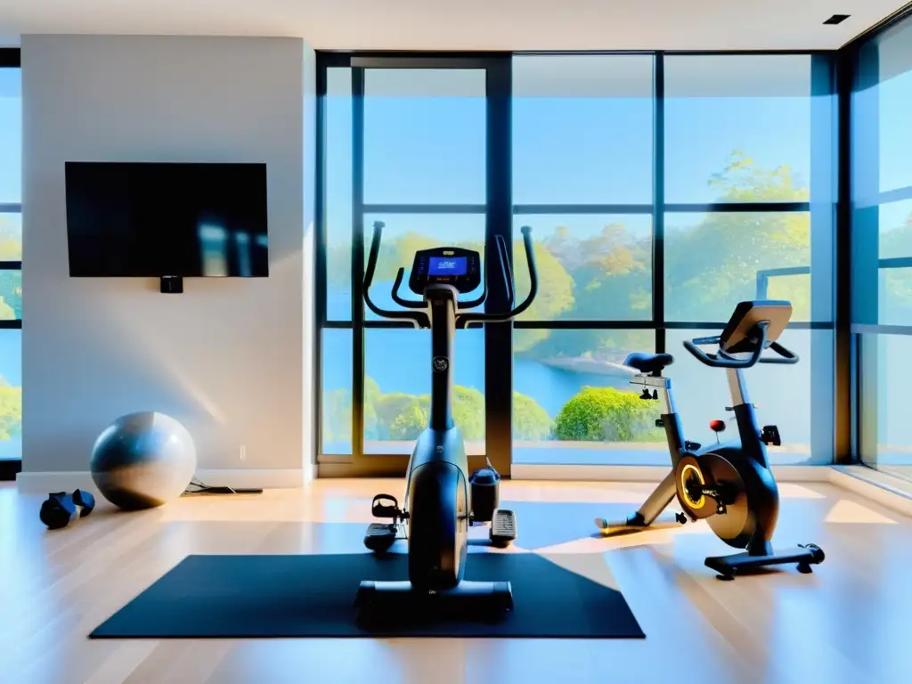 Un gimnasio en casa moderno y elegante con equipos de ejercicio inteligentes, rodeado de luz natural y decoración minimalista