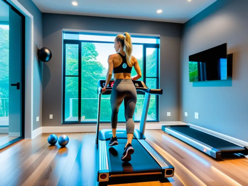 Un gimnasio en casa moderno con equipos de ejercicio inteligentes de alta tecnología, luz natural, y un ambiente minimalista y sofisticado