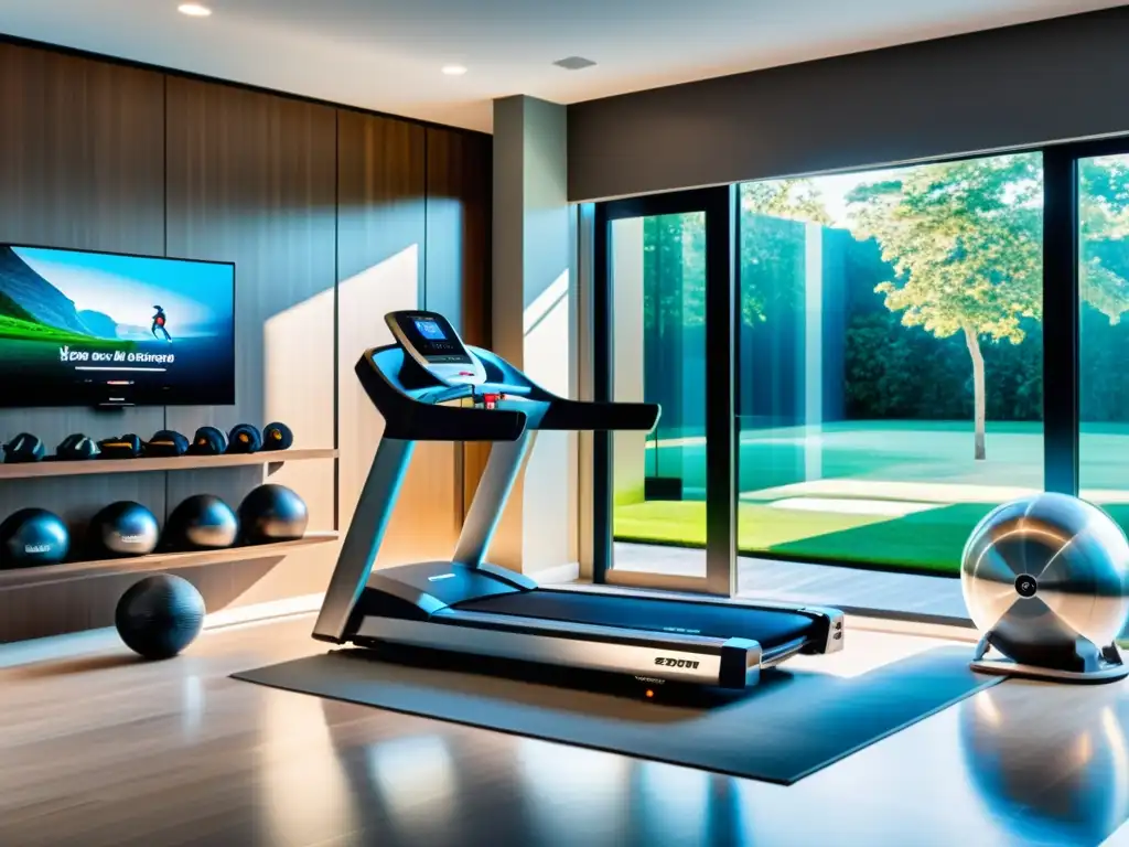 Un gimnasio en casa moderno con equipos de ejercicio inteligentes análisis costobeneficio, integrados en una decoración contemporánea y bien iluminado