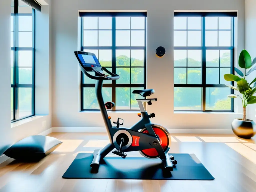 Un gimnasio en casa moderno con equipos de ejercicio inteligentes en hogar, bañado en luz natural y con un ambiente hightech y acogedor