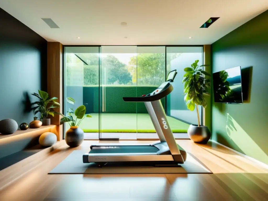 Un gimnasio casero futurista con equipos inteligentes de 2023, bañado en luz natural y con decoración minimalista y vegetación vibrante