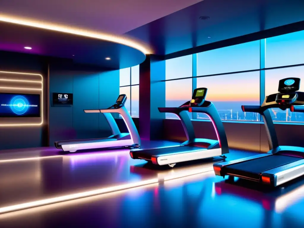 Un gimnasio futurista con equipos de ejercicio modernos y wearables, conectados en armonía