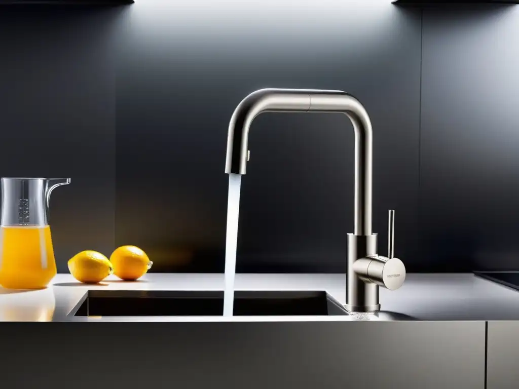 Un grifo de cocina moderno con sistema de filtrado de agua integrado en acero inoxidable cepillado, diseño de alto arco y panel transparente que muestra la avanzada tecnología