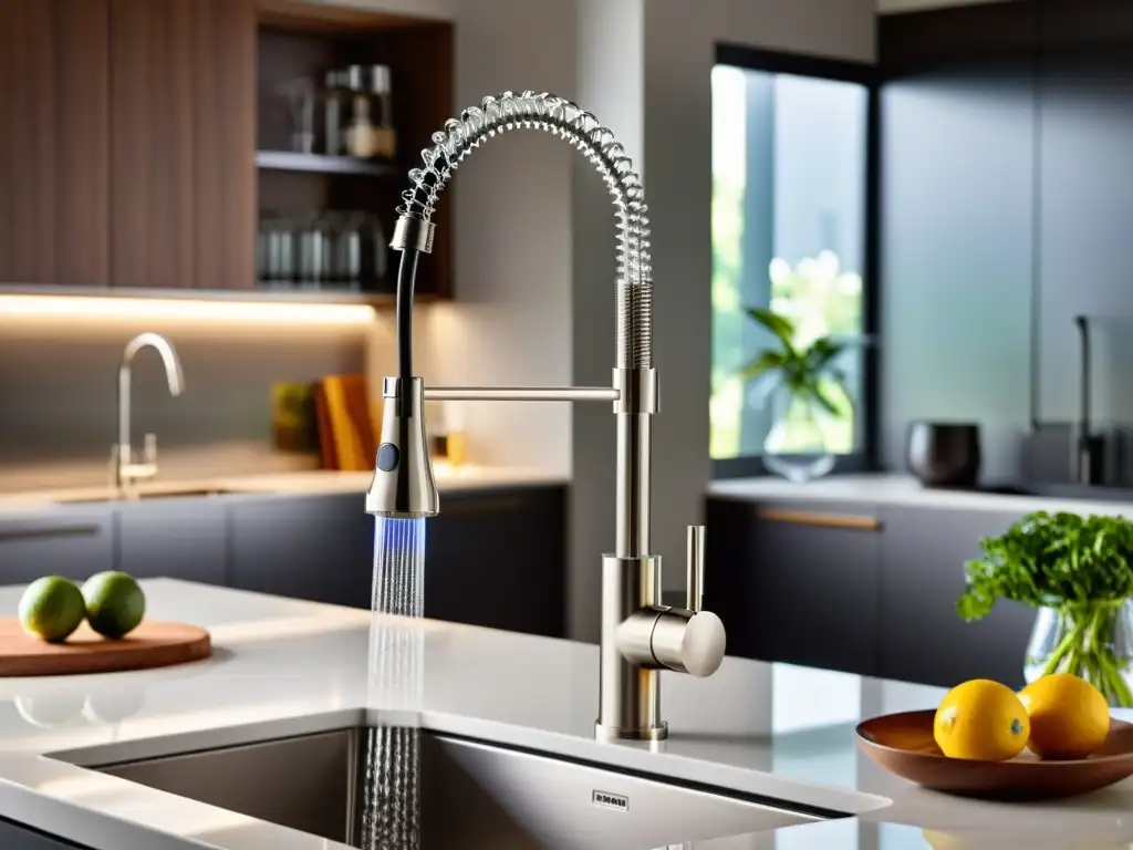 Grifo de cocina moderno con sistema avanzado de filtrado de agua, diseño elegante de acero inoxidable y controles táctiles