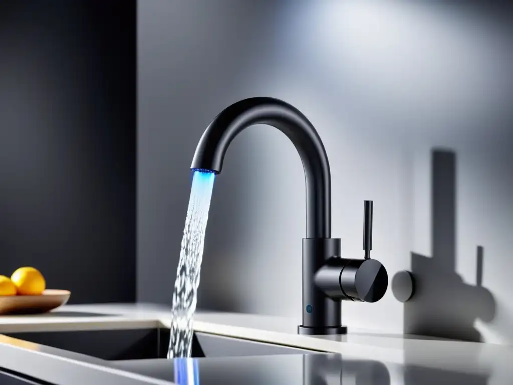 Grifo con sensor para cocina en negro mate, LED y control táctil, sobre encimera blanca, flujo de agua elegante y futurista