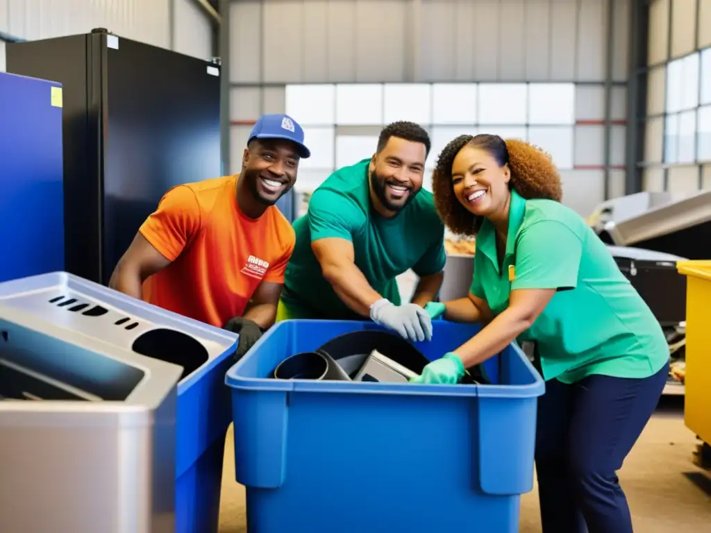 Un grupo diverso de personas sonríe y desmonta electrodomésticos en una planta de reciclaje moderna