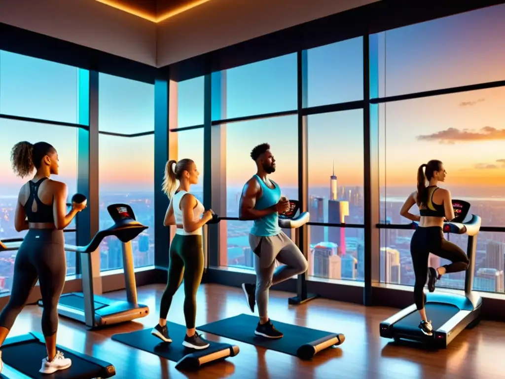 Grupo diverso usa smart fitness trackers en gimnasio futurista, con tecnología de vanguardia y vistas panorámicas de la ciudad al atardecer